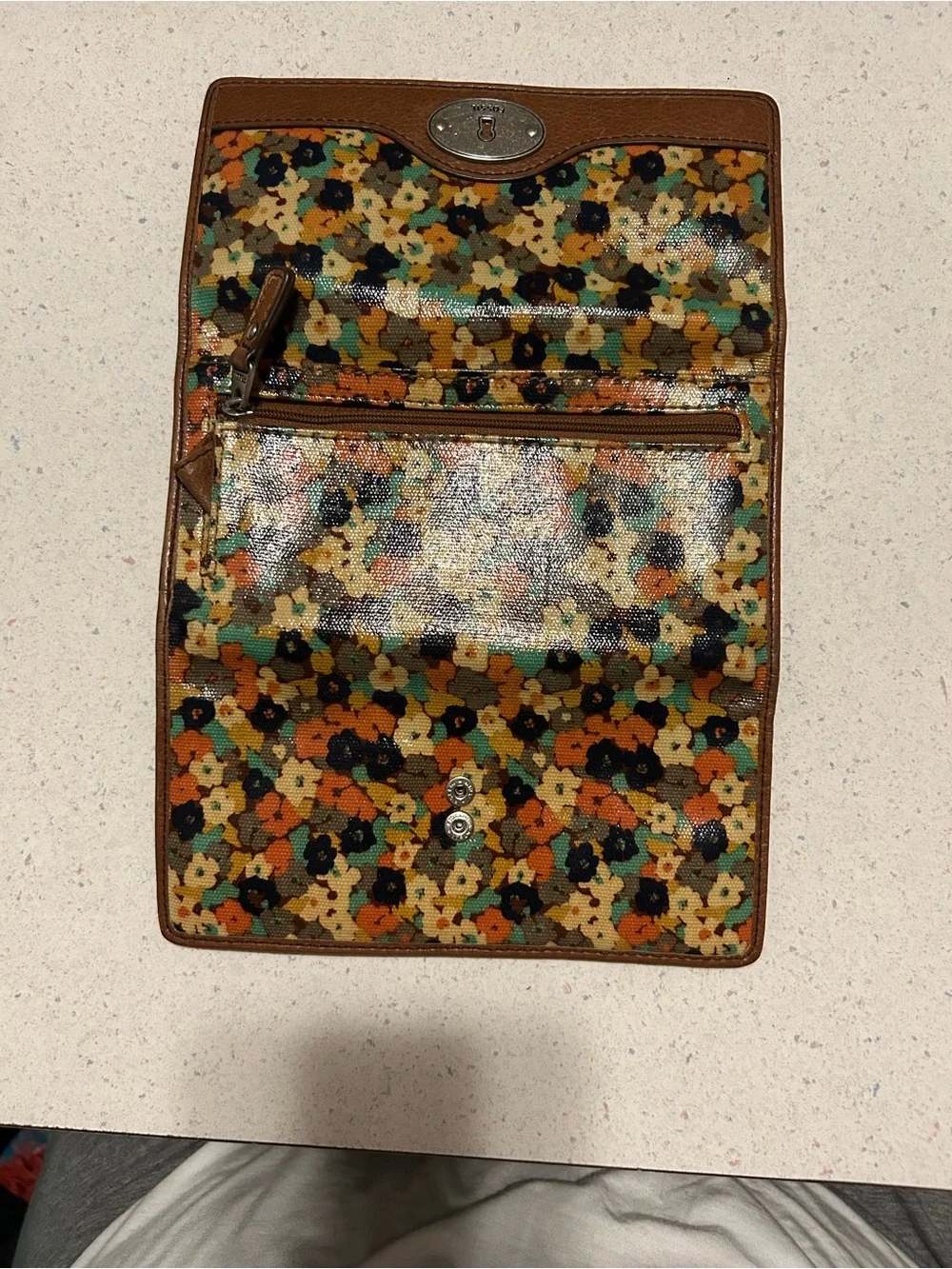 Fossil Floral Canvas Wallet with Brown Trim and Multicolor Print